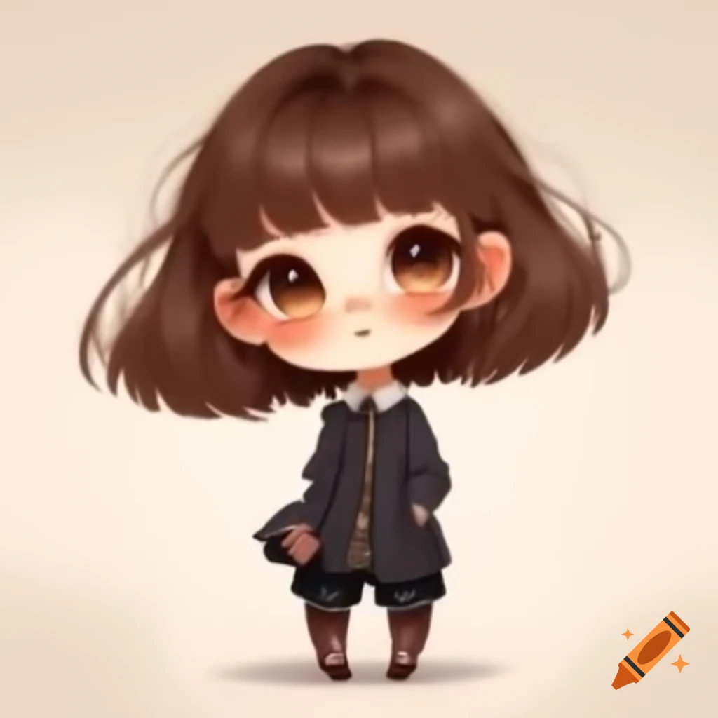 Chibi girl with brown hair in stylish long-sleeved outfit and elegant ...