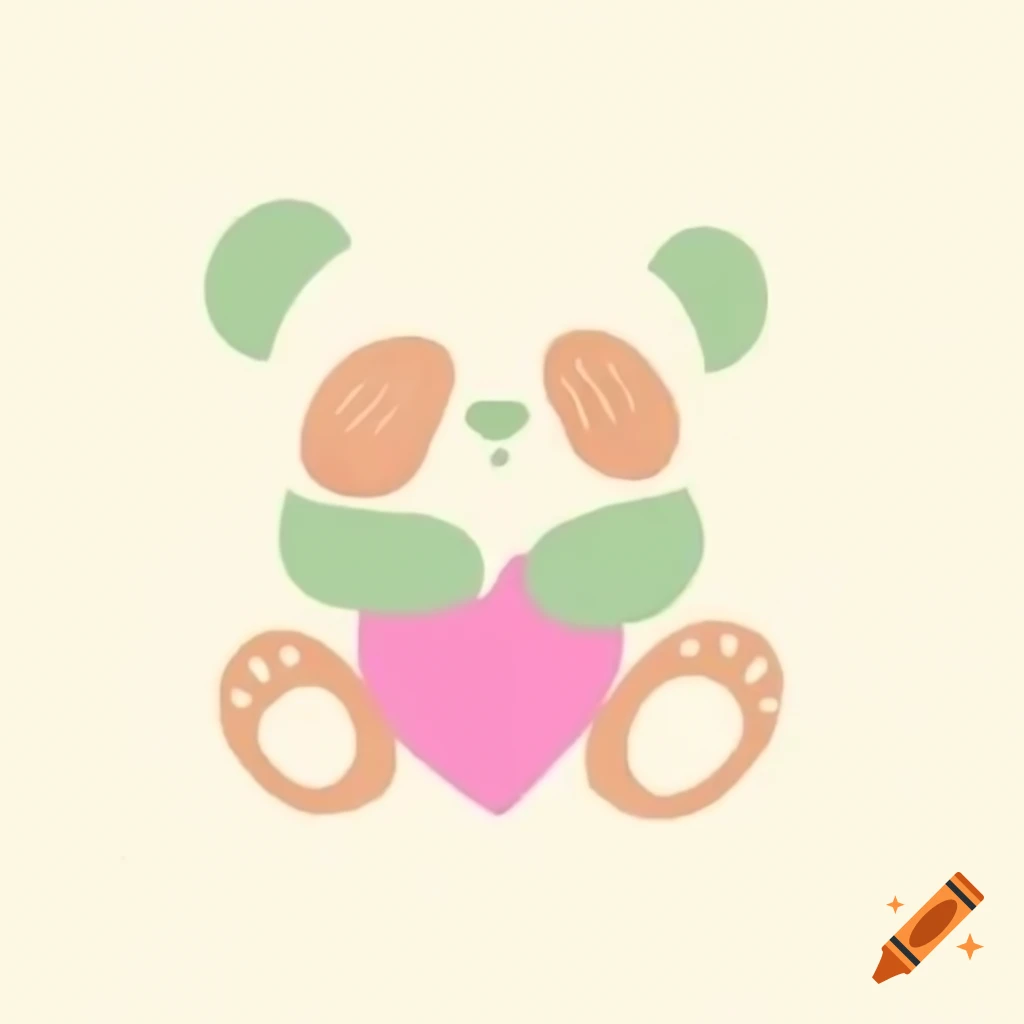 Minimalist sketch of baby panda with heart in light pink, green, tan, and red