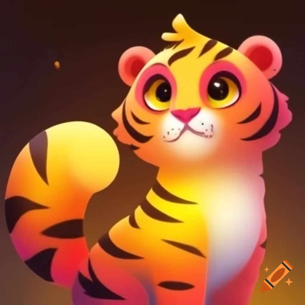 Cute little tiger illustration in warm yellow and orange gradient background