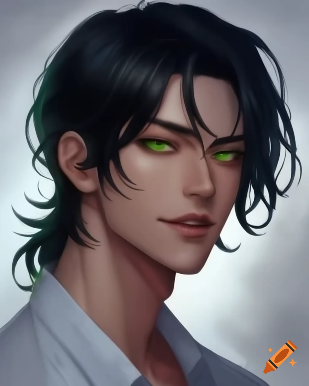 Handsome man with long black hair, green eyes, and a gentle smile in ...