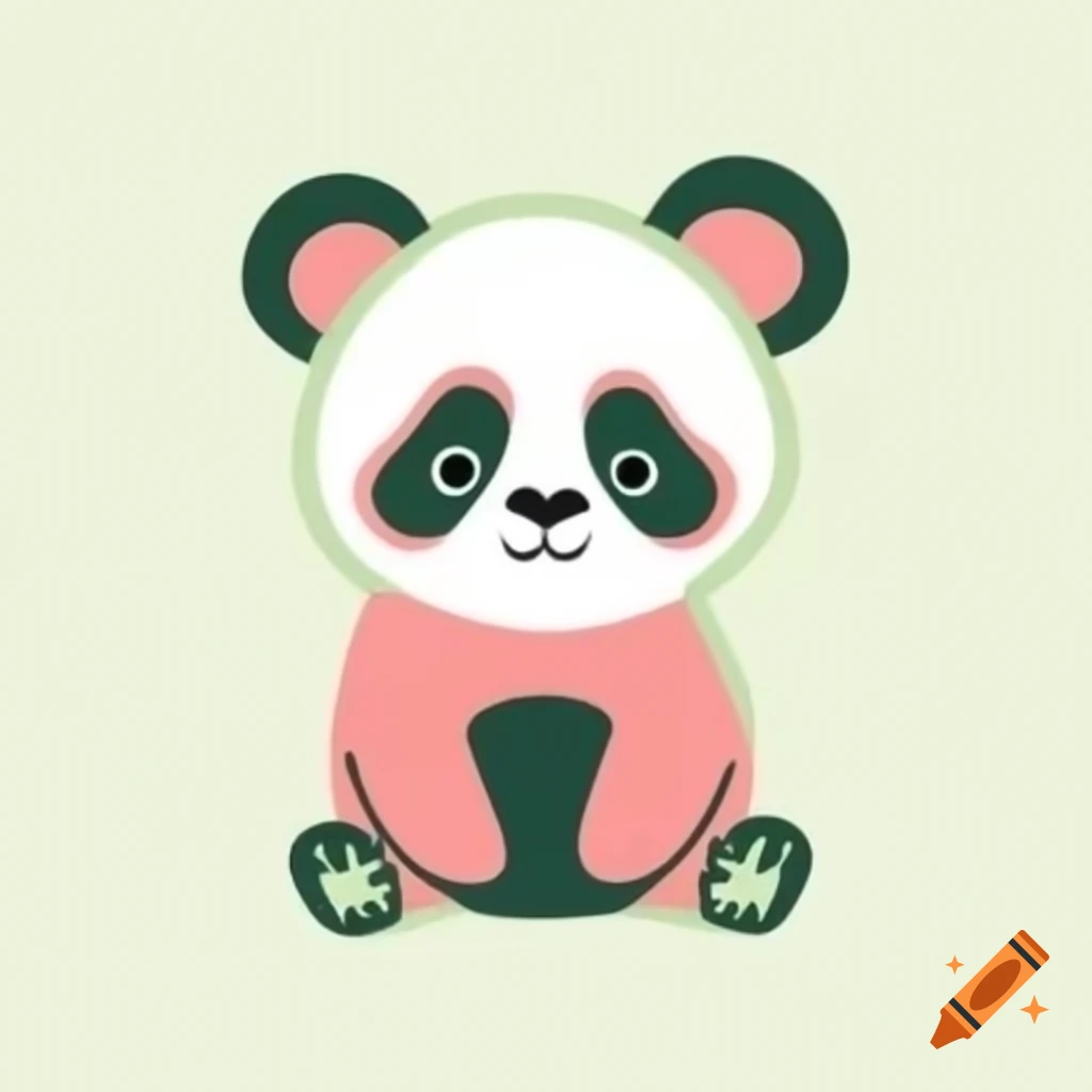 Minimalist sketch of baby panda in light pink, green, and tan, inspired by Keith Haring style