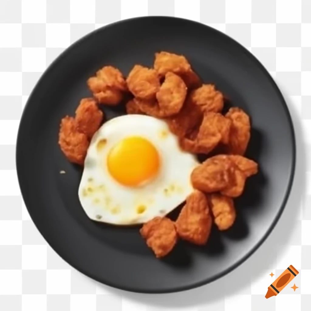 Top view of fried meat and eggs on black plate