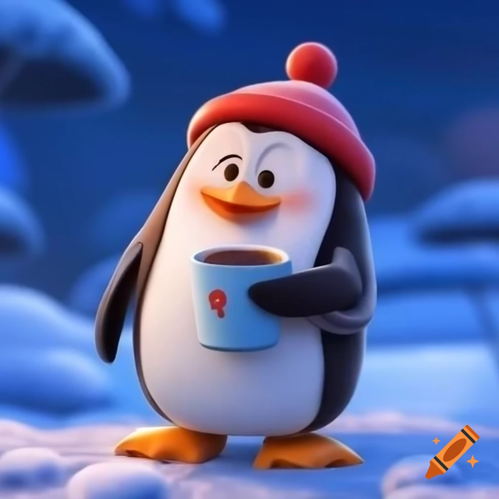 Cartoon penguin enjoying hot chocolate on a frosty day on Craiyon