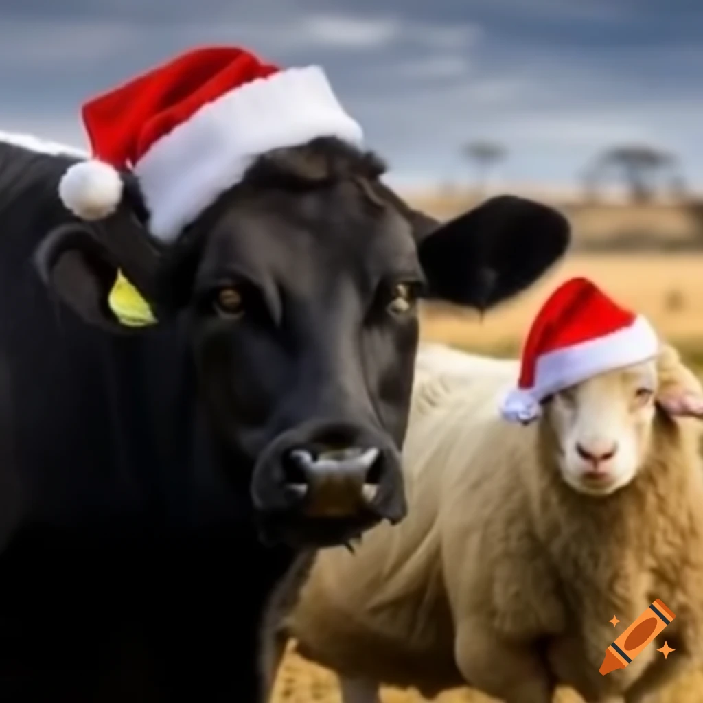 Black cow and sheep wearing festive Santa hats in Australian setting