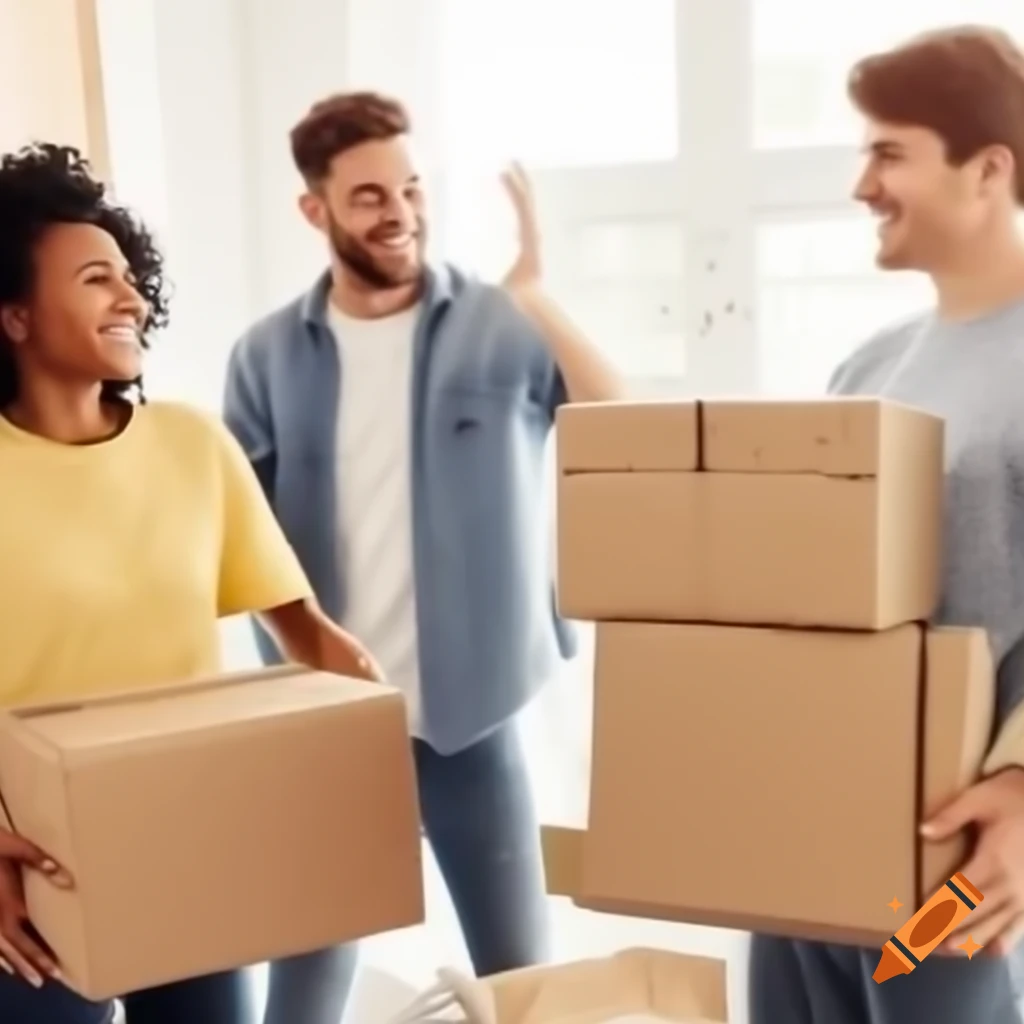 Happy people with boxes in the background
