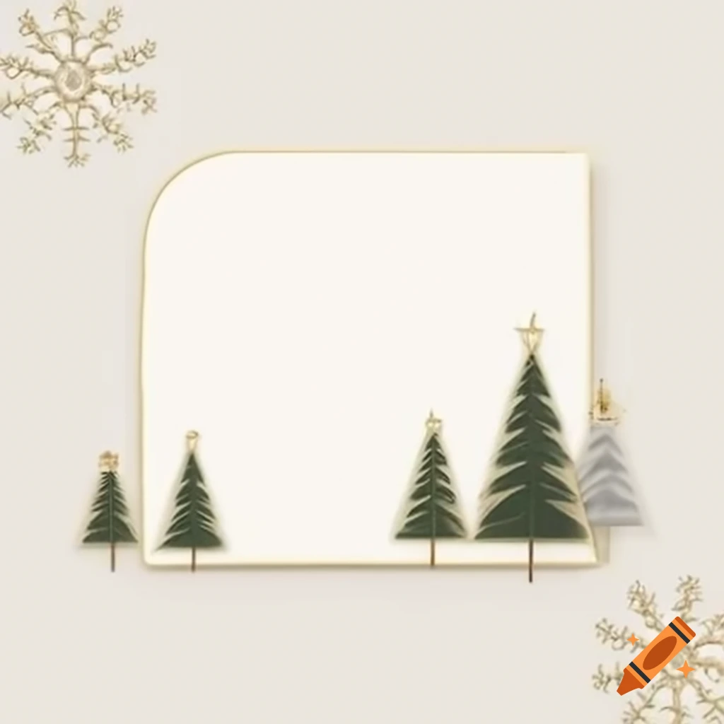 Minimalist Christmas card design with gold and silver pine trees and snowflakes