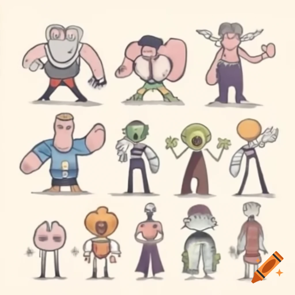 Hand drawn 90's style cartoon character set