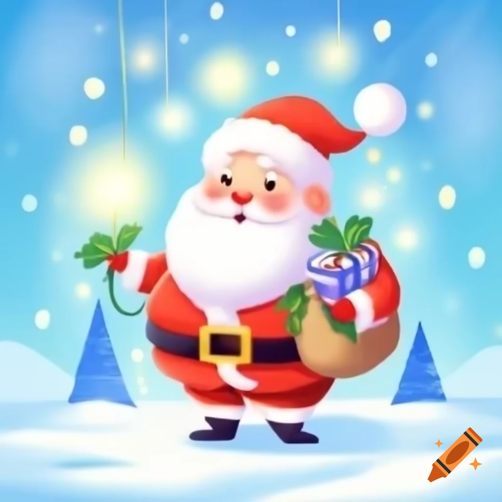 Cute chubby Santa Claus in snowy landscape with presents