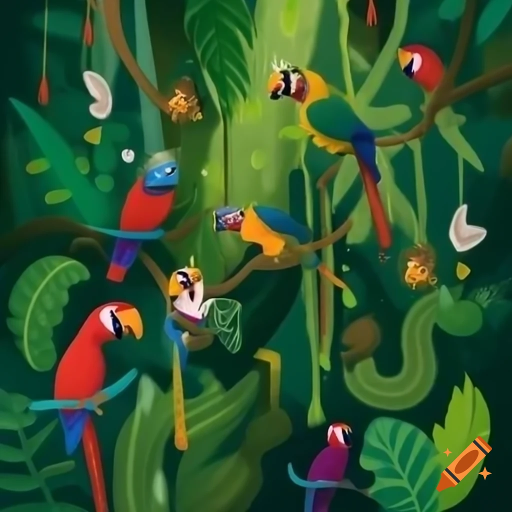 Lush conifer tree in rainforest with monkeys and colorful parrots