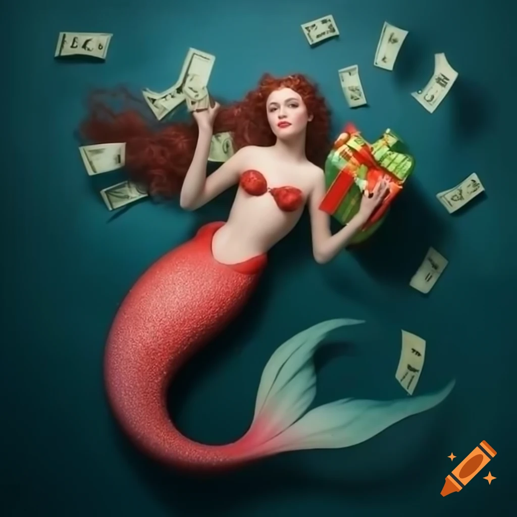 Realistic mermaid holding a gift and money