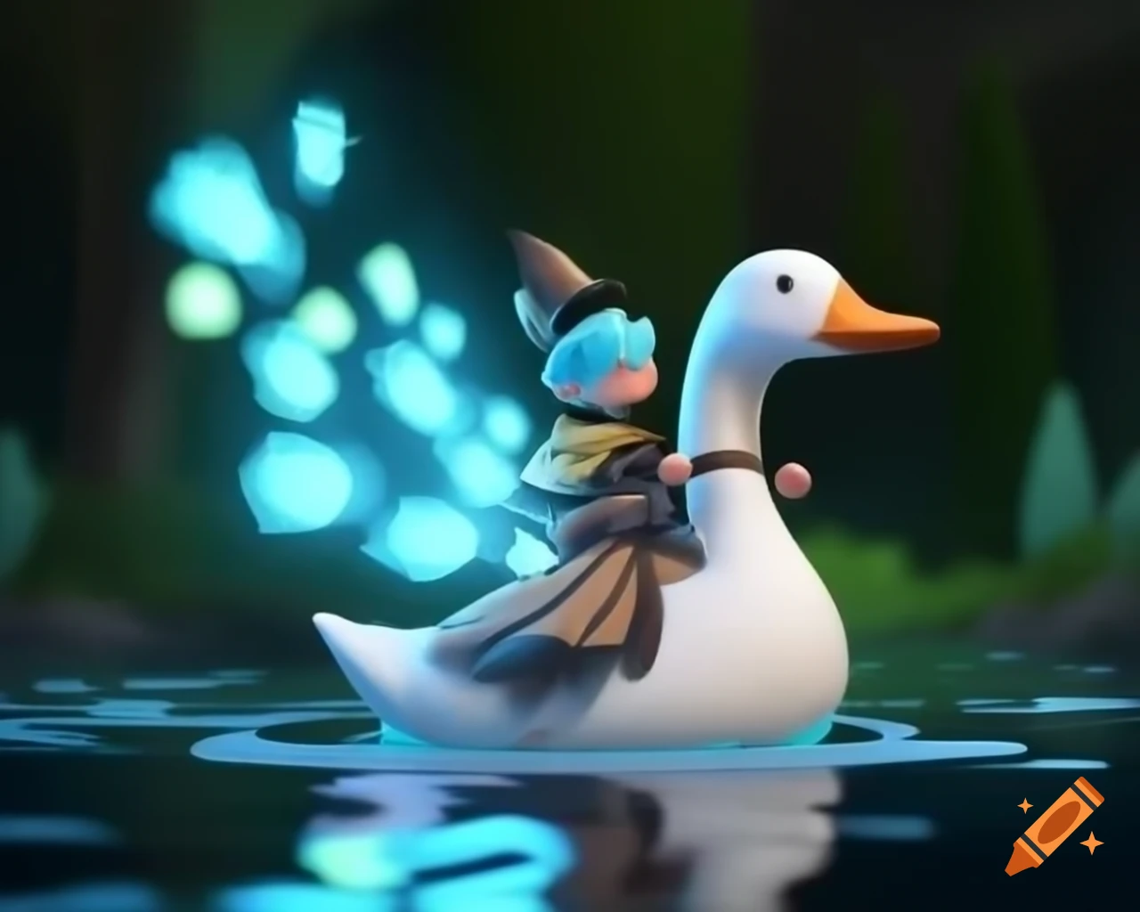 Faceless male mage with glowing cyan hair riding giant goose in enchanted lake with fireflies