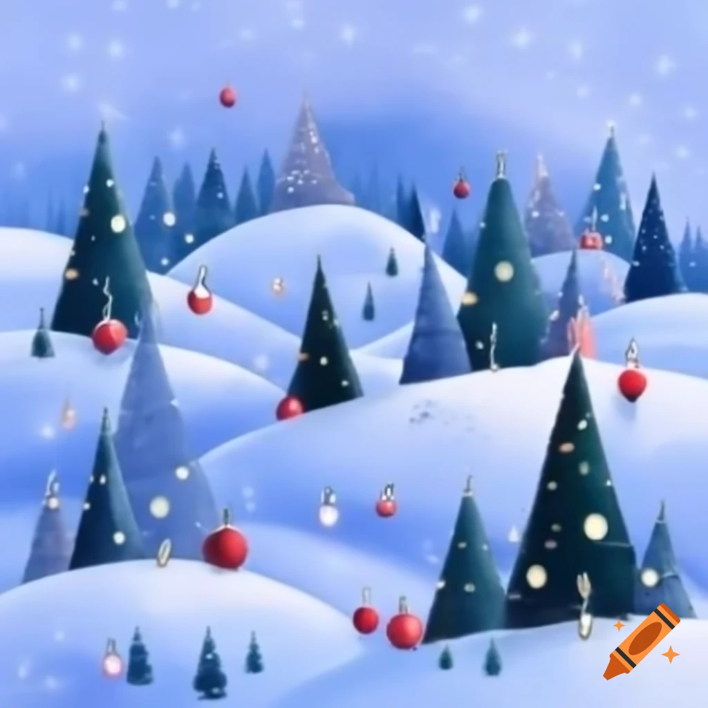 Aerial view of snowy Christmas landscape with decorated trees and lights