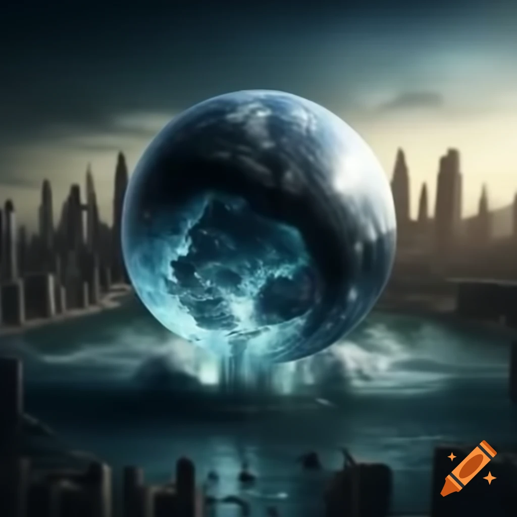Alien sphere emerging from ocean with dystopian city in the background