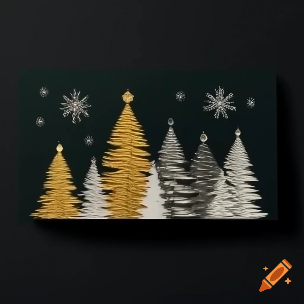 Minimal Christmas card design with gold or silver pine tree contours and snowflakes