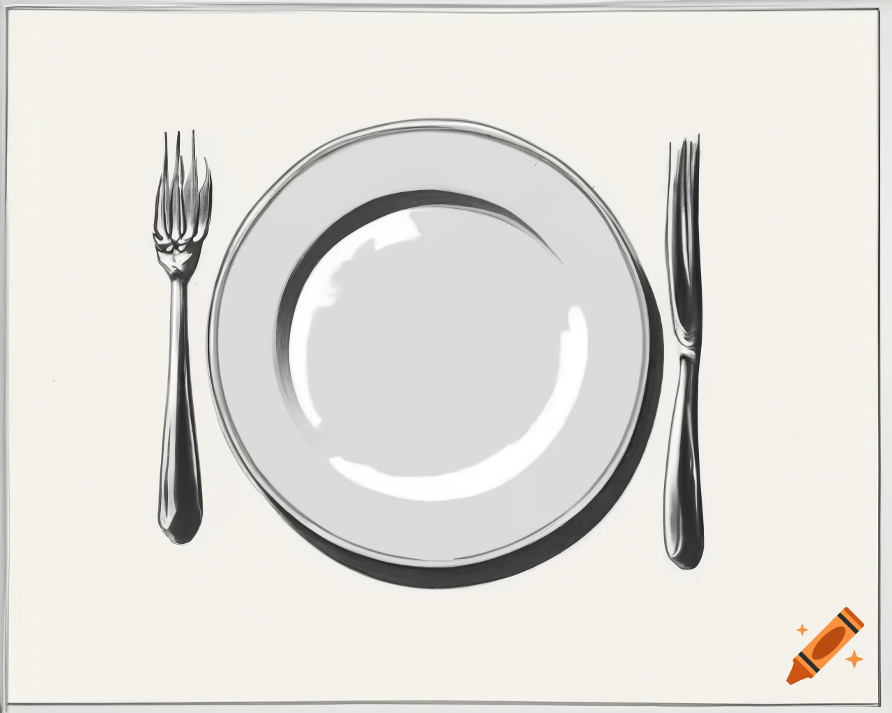 Antique style black and white drawing of a plate with glass and cutlery from above