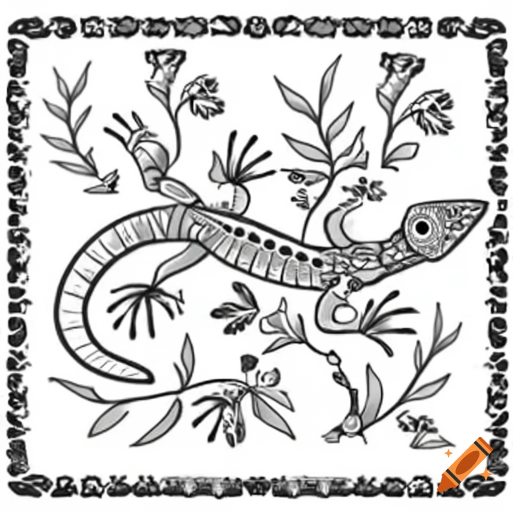 Ornate black and white woodcut of lizards among flowers with decorative frame