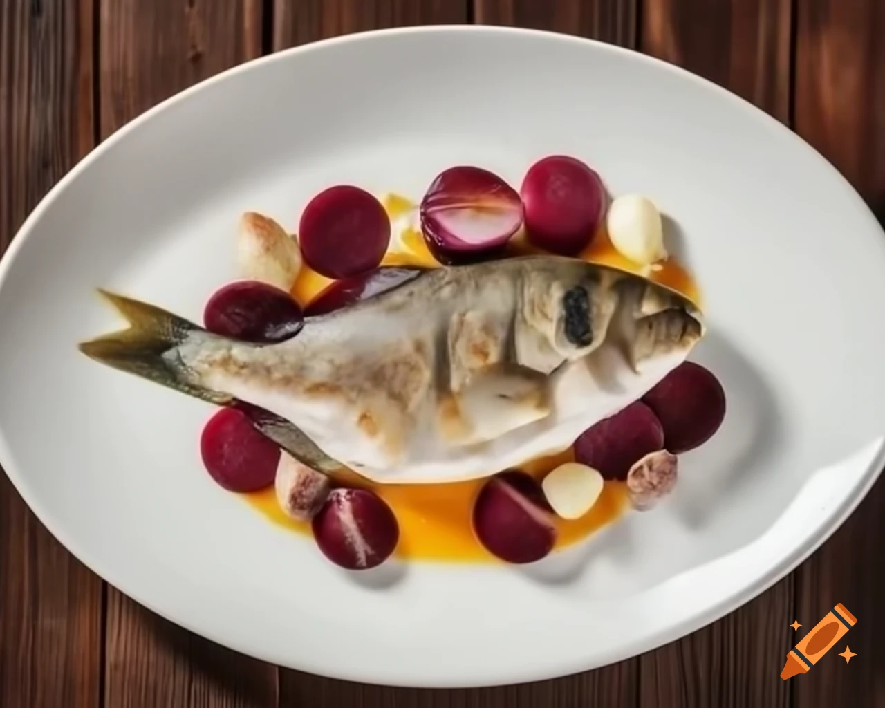 Cooked dish featuring whole fish, beets, and garlic on a plate