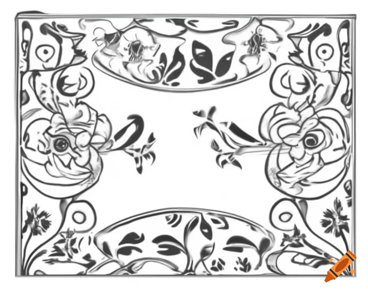 Medieval woodcut of flowers and birds in black and white with frame