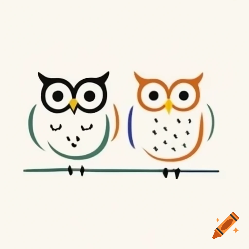 Color blocked drawing of two minimalist stylized owls