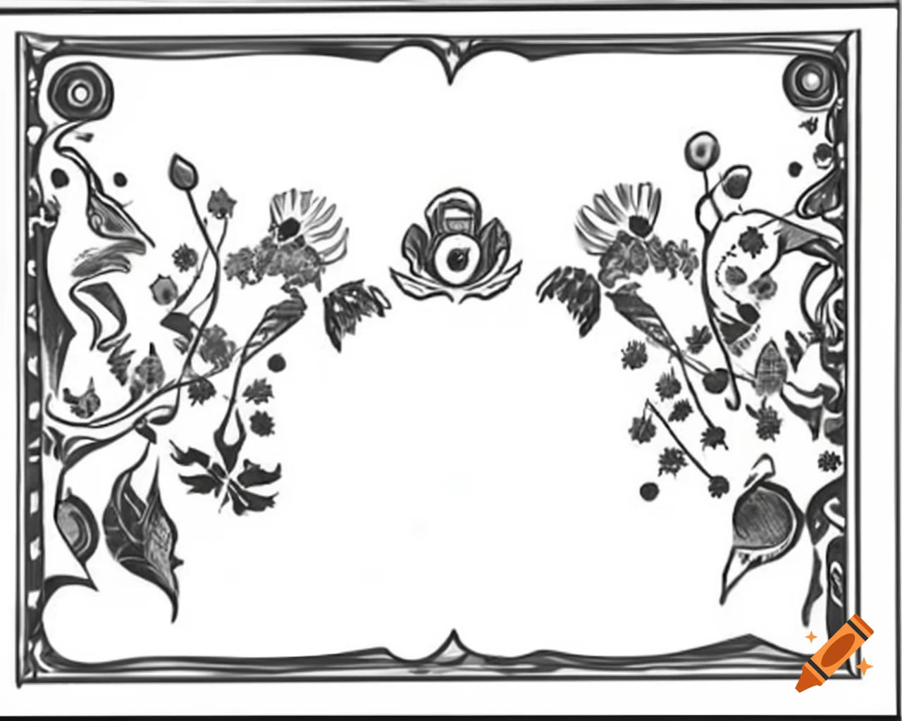 Medieval woodcut of flowers and birds in black and white with square frame