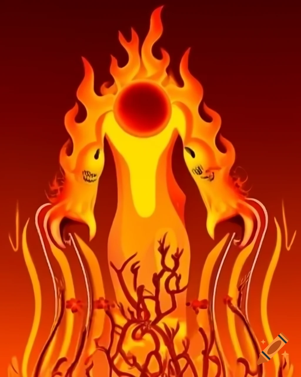 Humanoid creature of flames and molten stone hovering over scorched earth