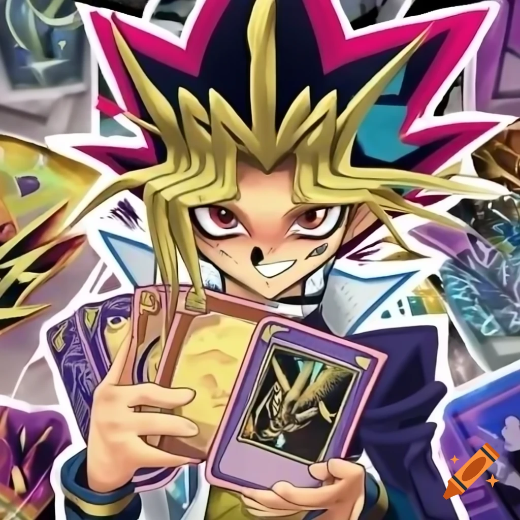 Yugi Moto holding 5 meme coin cards in Yu-Gi-Oh style on Craiyon