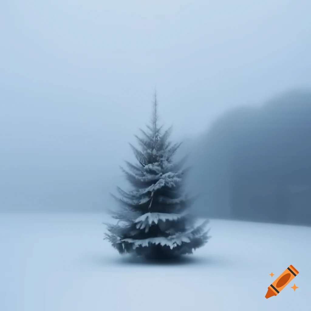 Snowy foggy field featuring a decorated Christmas tree