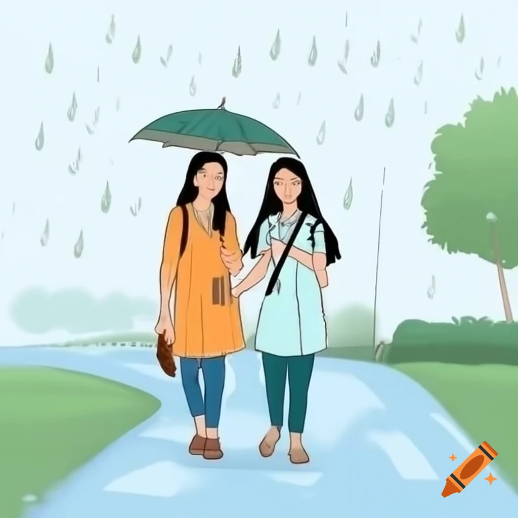 Two Indian college girls sharing an umbrella on a rainy day