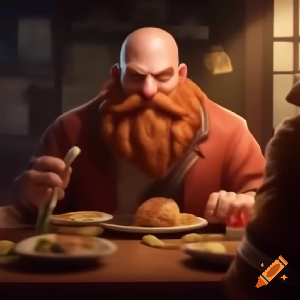 Tall bald man with ginger beard waiting for meal, exuding quiet intensity
