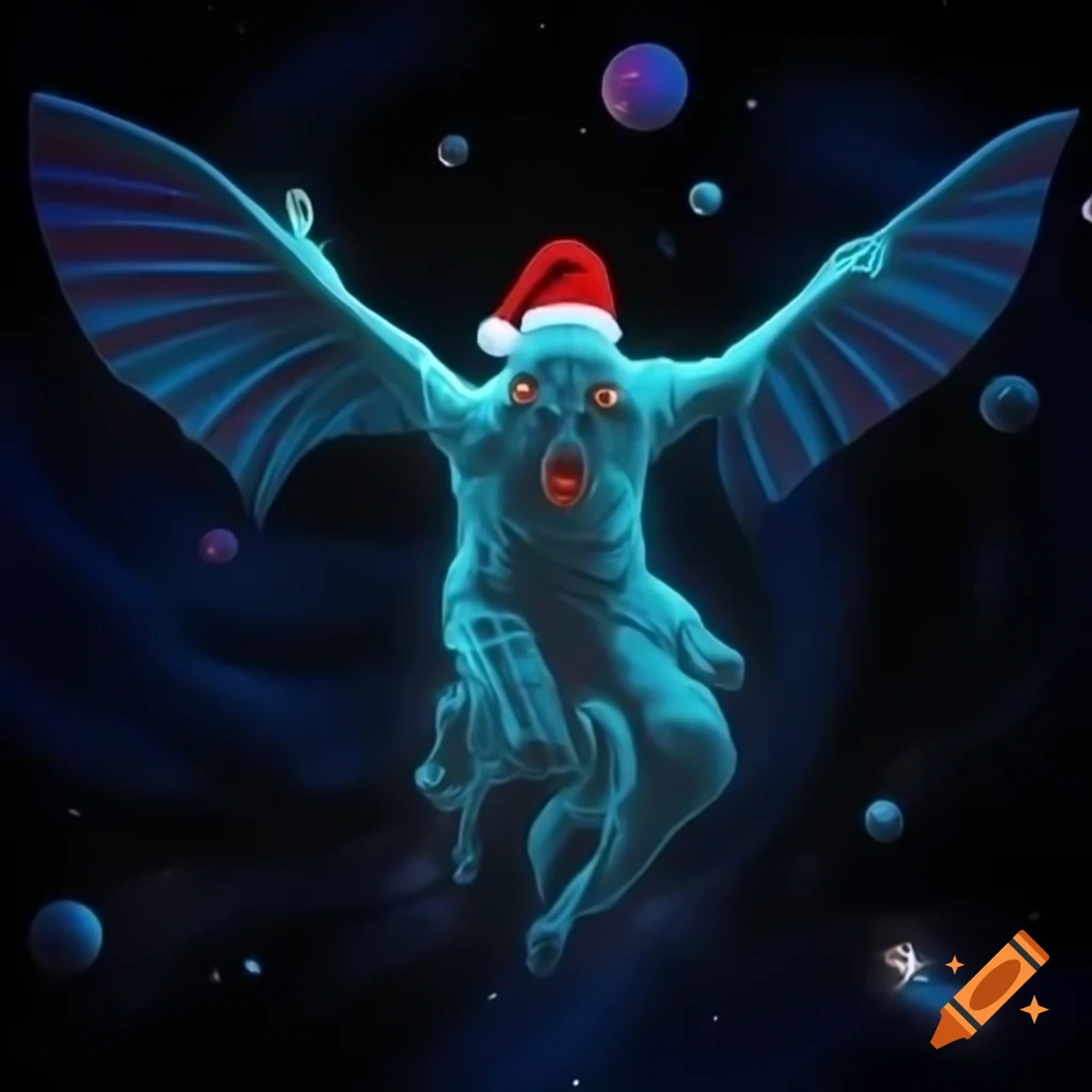 Psychedelic neon interdimensional creature resembling Santa flying ...