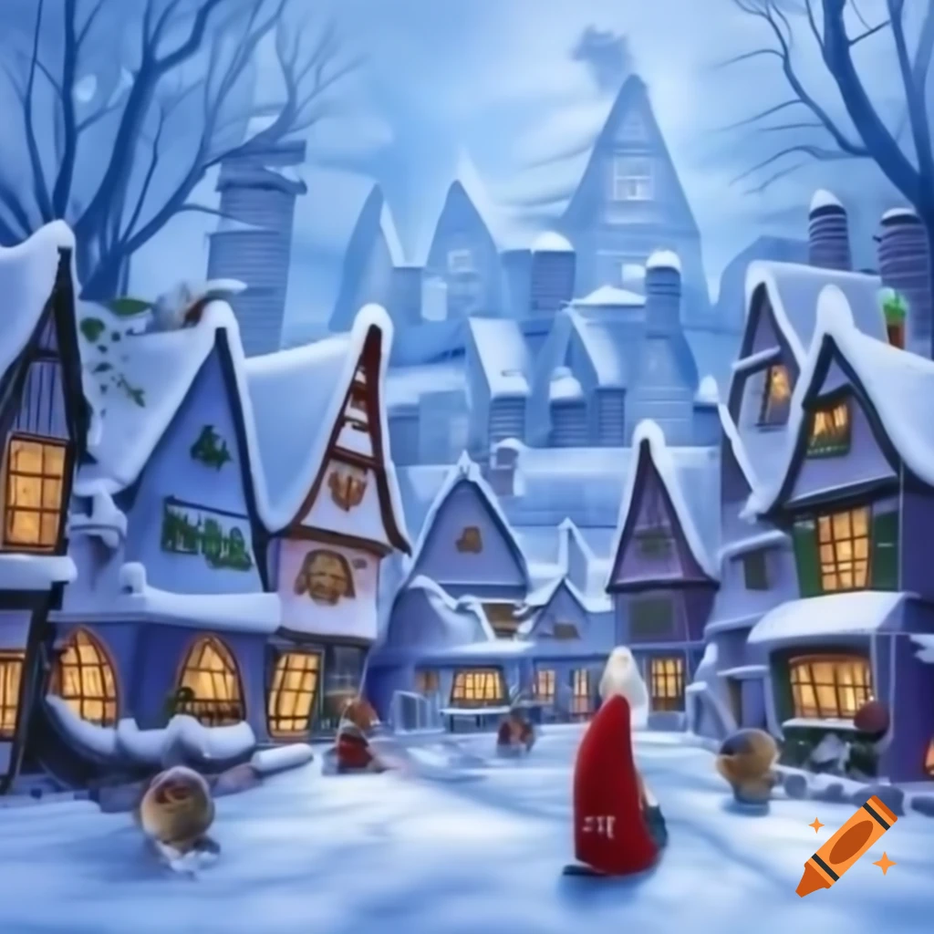 Fairytale winter village decorated for Christmas with German greetings and a wise quote