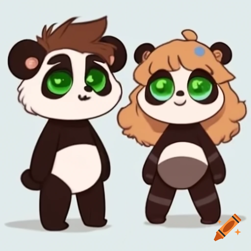 Drawing of a cute panda resembling two people, one with a dark brown beard and man bun