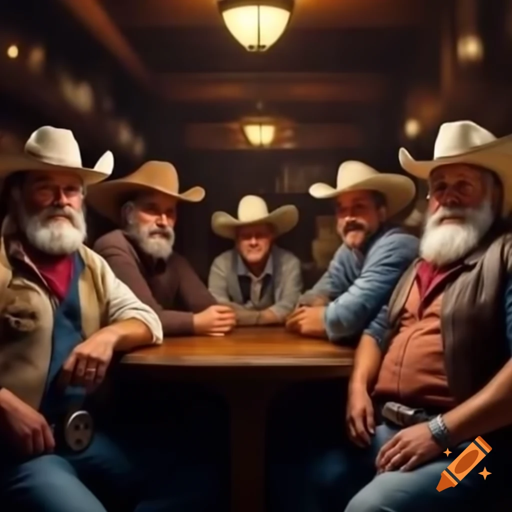 Group of four mature cowboys with beards in a saloon setting