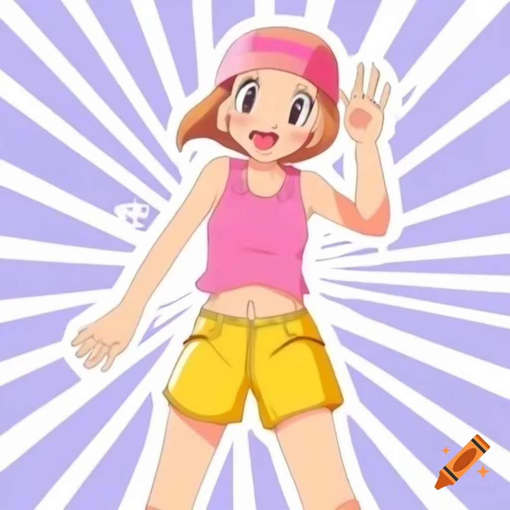 Kari Kamiya from Digimon Adventure 02 in pink tank top and yellow shorts, embodying youthful joy