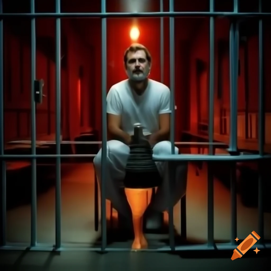 Man in jail cell with liquor bottle, dramatic lighting