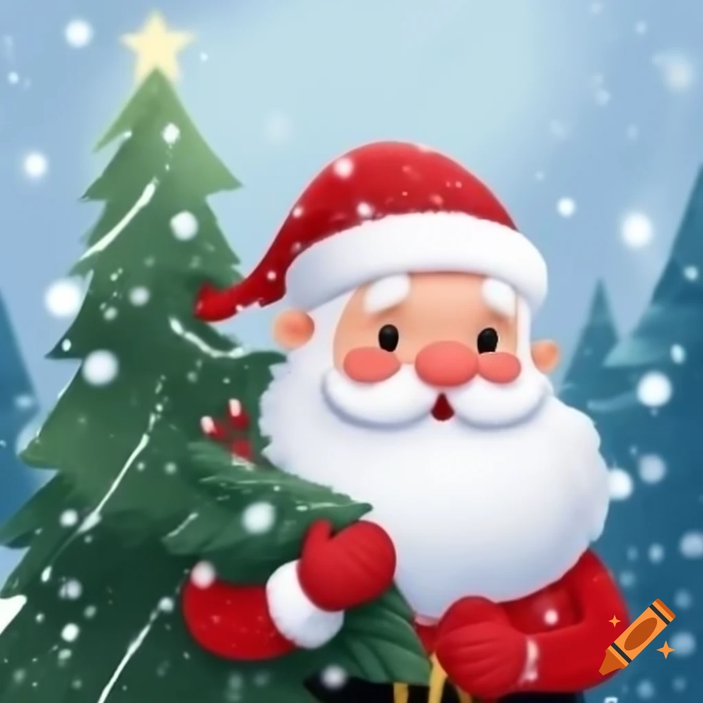 Santa Claus beside spruce tree during snowfall