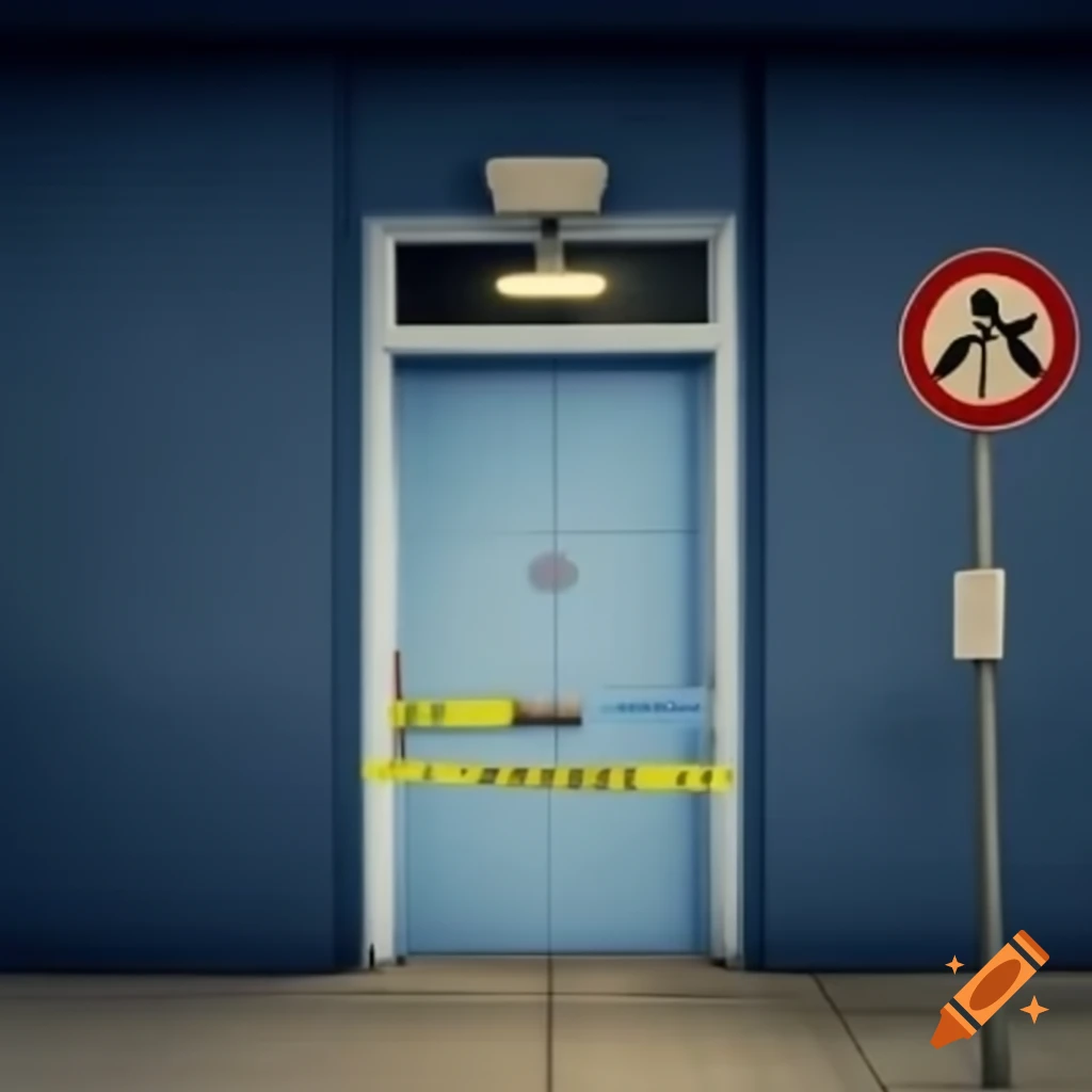 Doors with police tape and danger signs indicating a restricted area