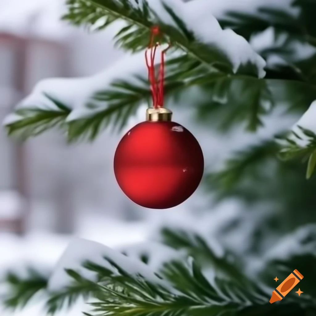 Snowy tree with red Christmas ornament