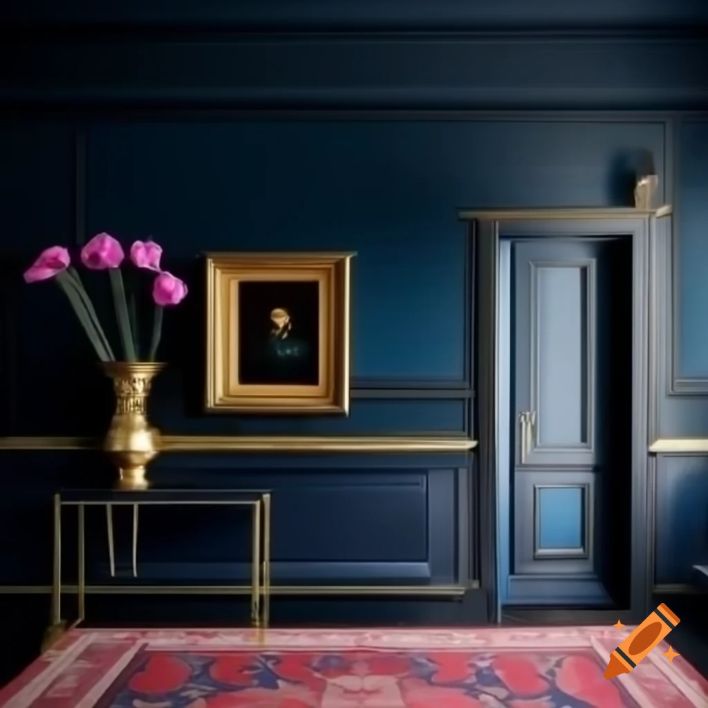 Interior space with dark blue-grey wall and gold trim featuring a ...