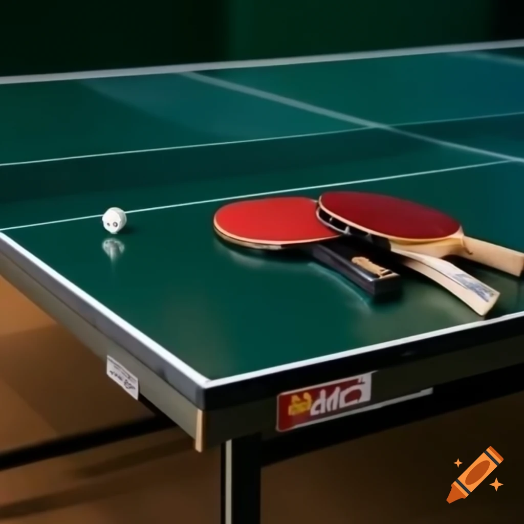 Green table tennis table with rackets on top, viewed from the side