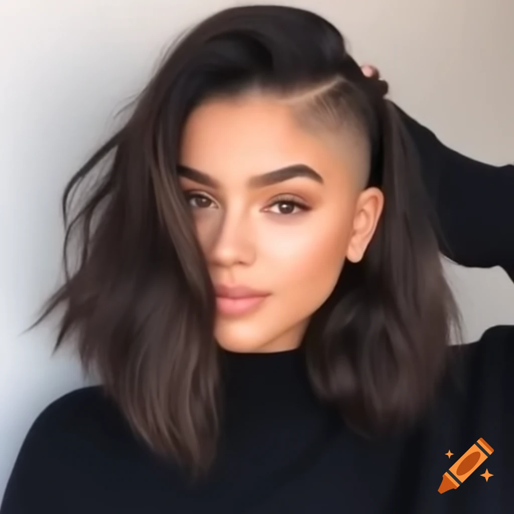 Stylish young woman with thick dark brown hair in an undercut bob hairstyle