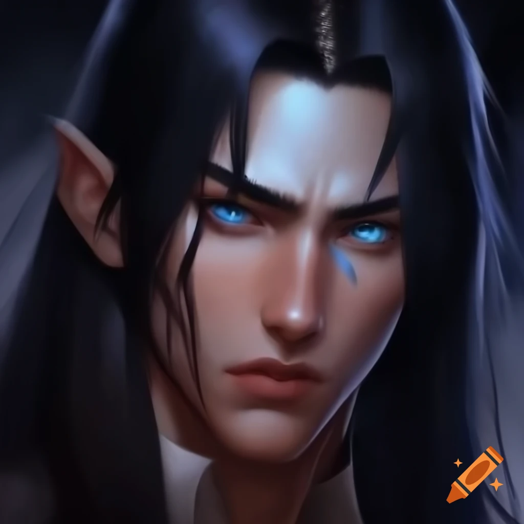 Striking portrait of a man with long black hair and intense blue eyes ...