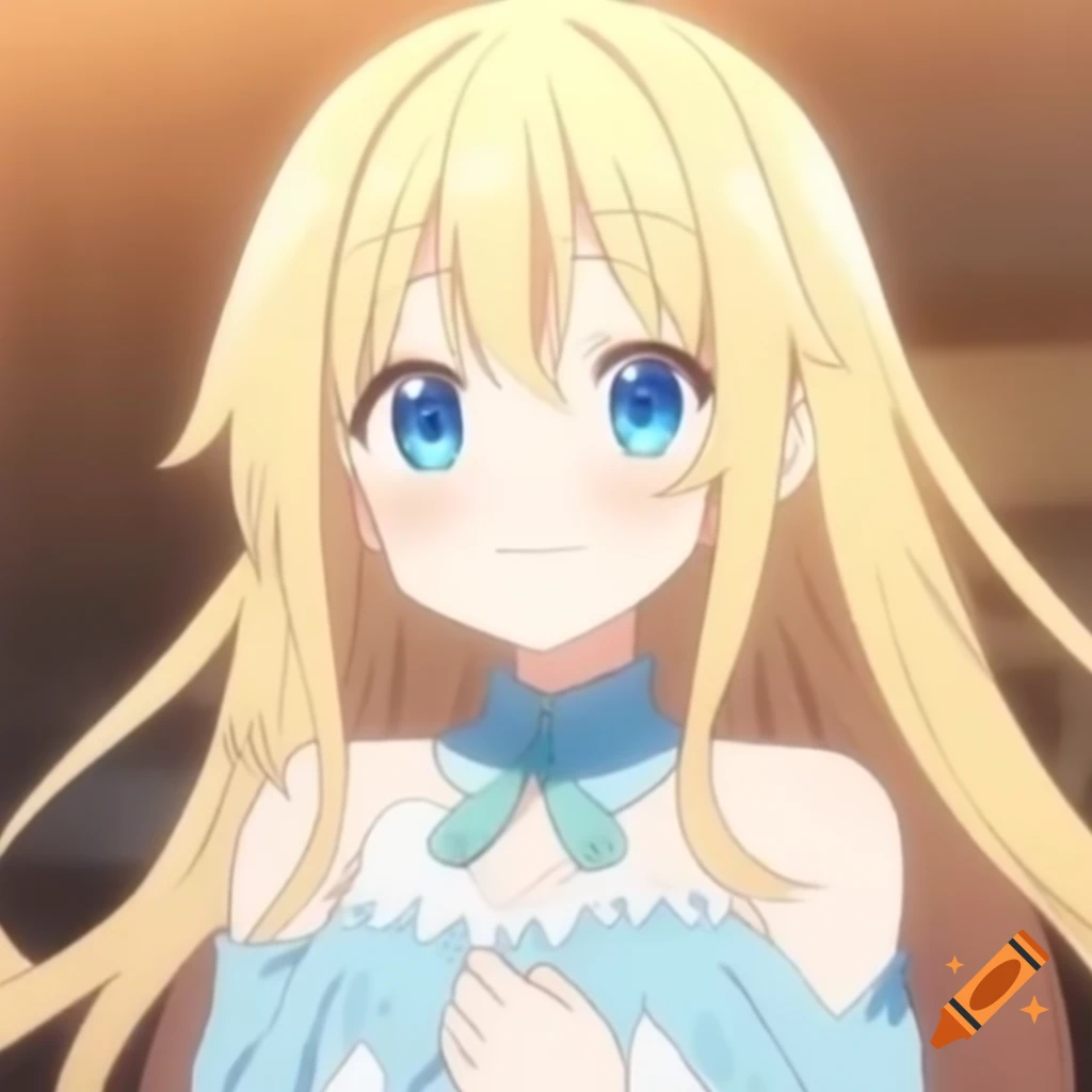 Anime girl with blonde hair and blue dress smiling at camera on Craiyon