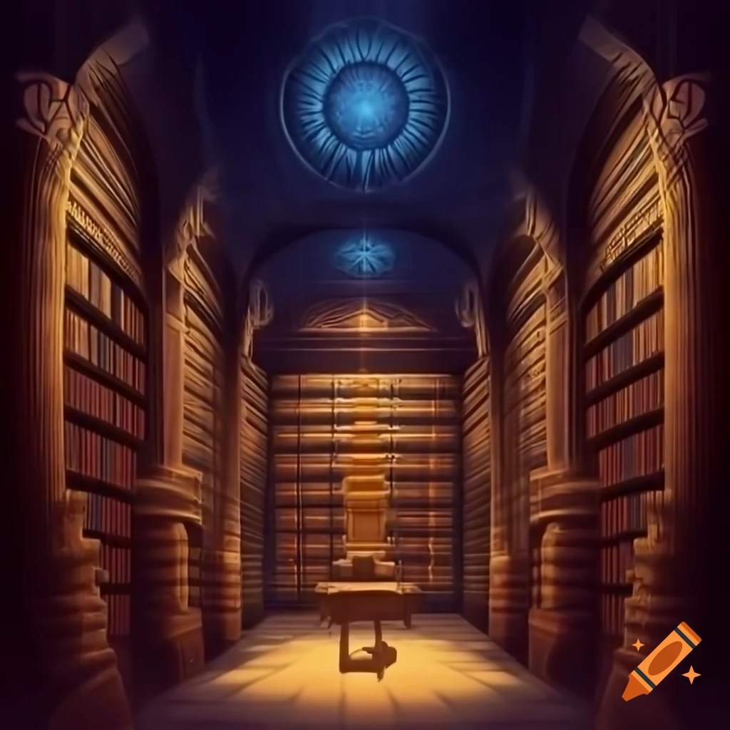 Ancient magic library illuminated by golden evening light with sparkling bookshelves