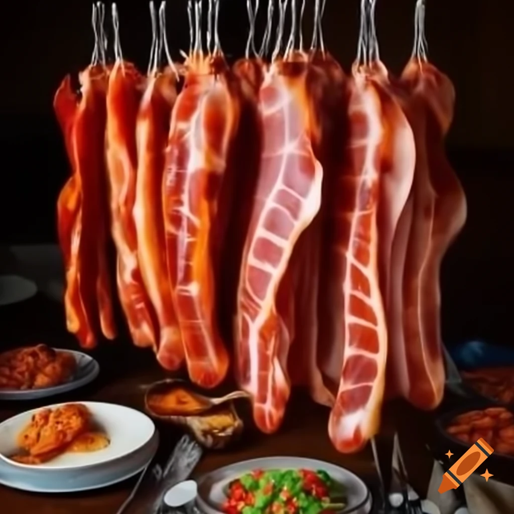 Stacks of bacon on table prepared for feast