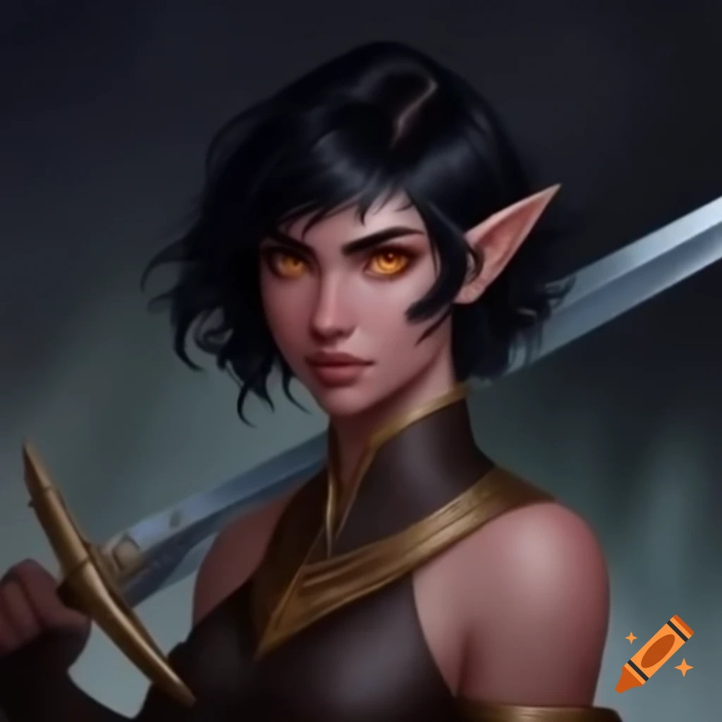 Muscular female half-elven warrior with black hair and amber eyes wielding a longsword
