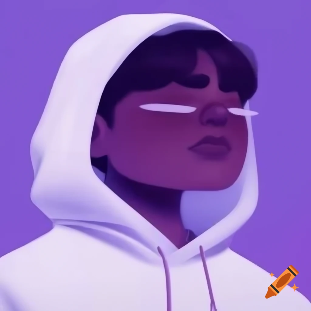 Digital illustration of a faceless person in a white hoodie with purple tones