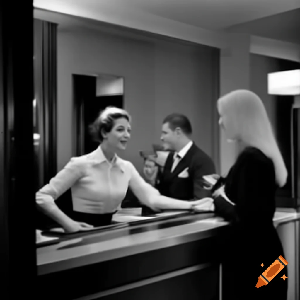Woman conversing with hotel receptionist at reception desk