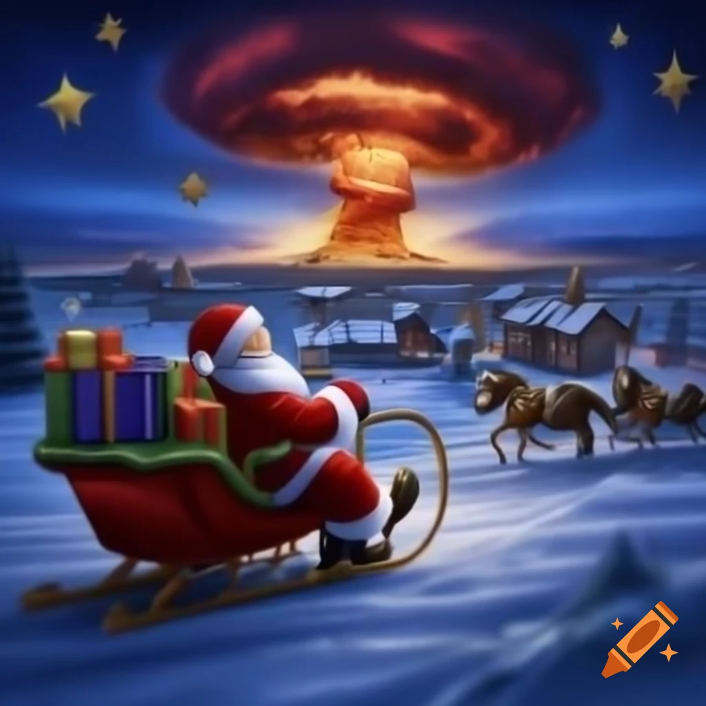 Santa claus with sleigh and gifts in decorated village watching a ...