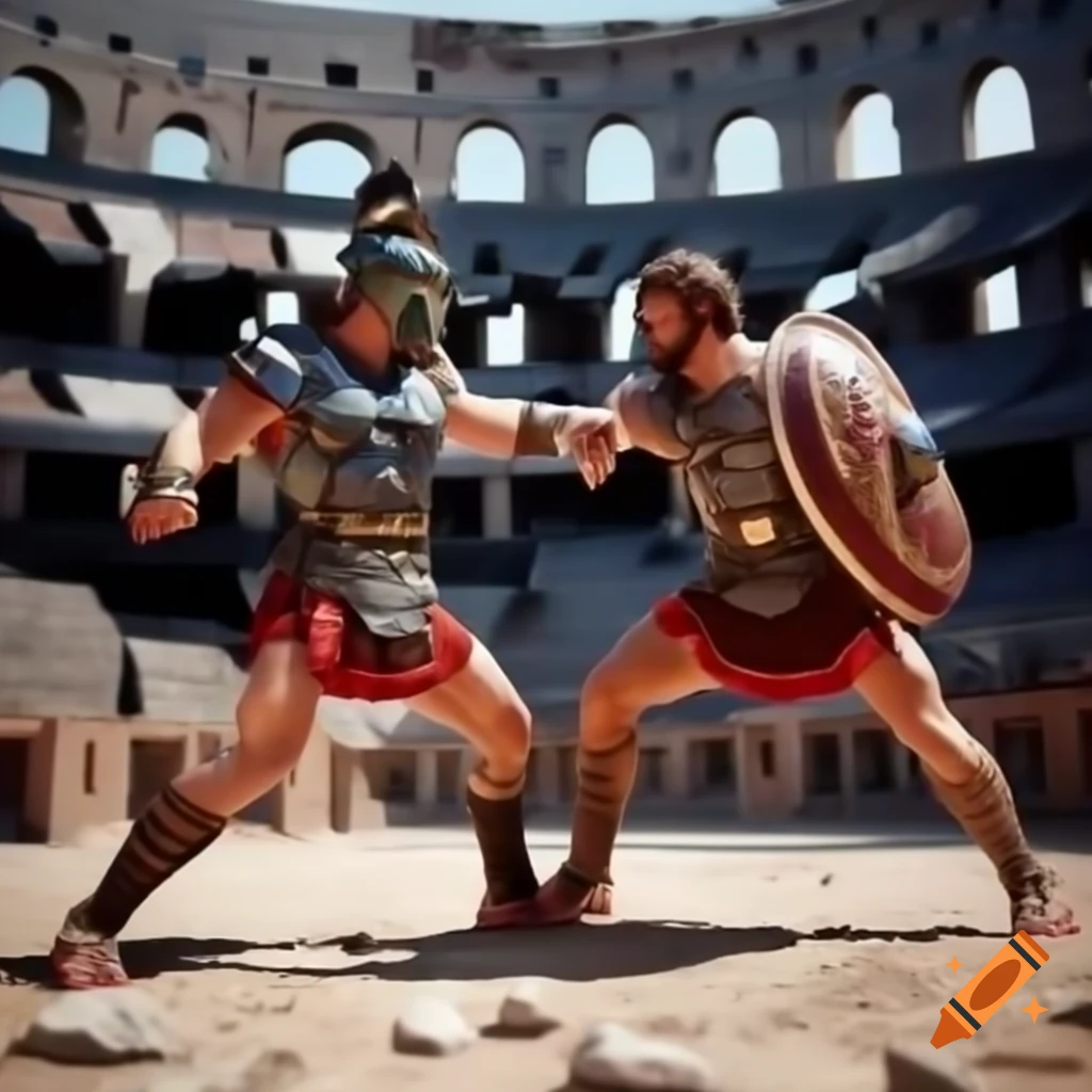 Roman gladiator battling mixed martial arts fighter in the coliseum